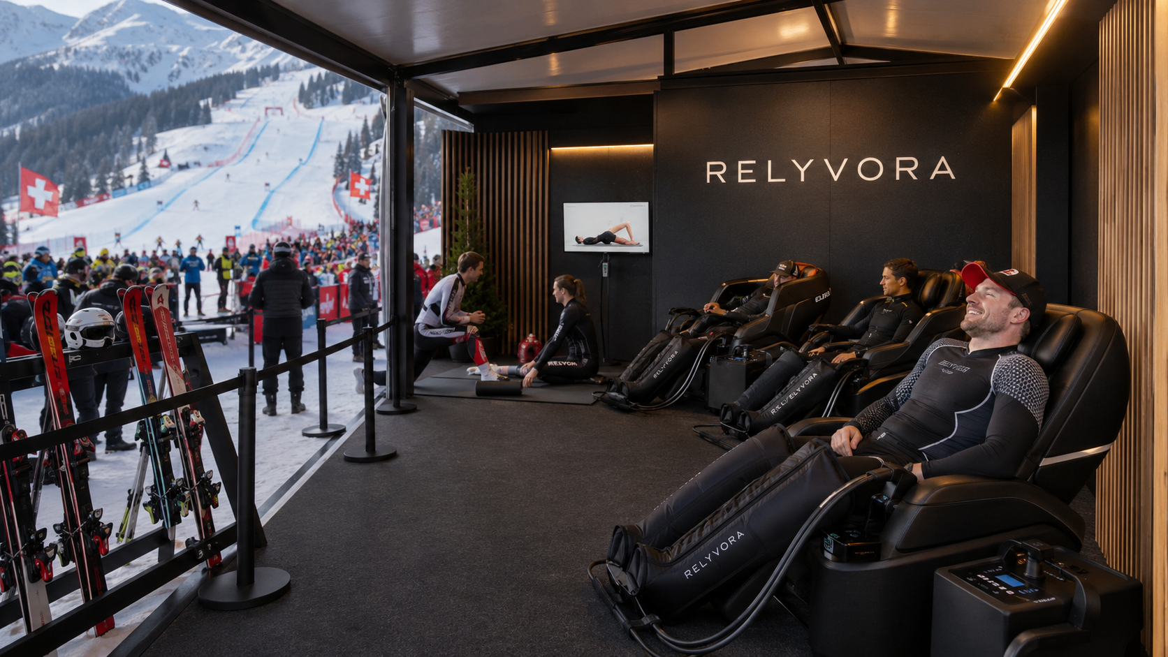 Recovery Zone RELYVORA installée sur une aire d’arrivée de compétition de ski