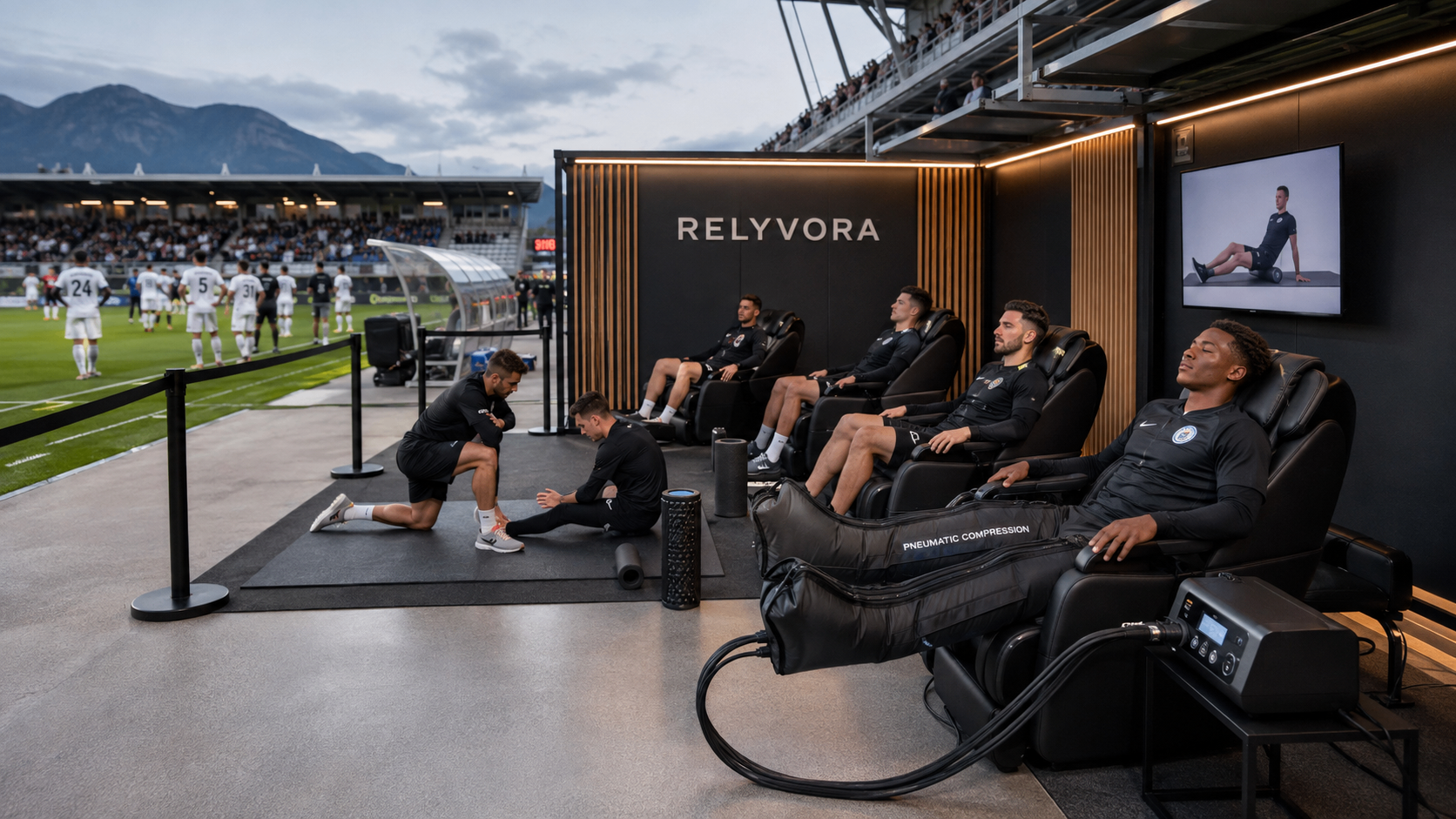 Recovery Zone RELYVORA en bord de terrain lors d’un match de football