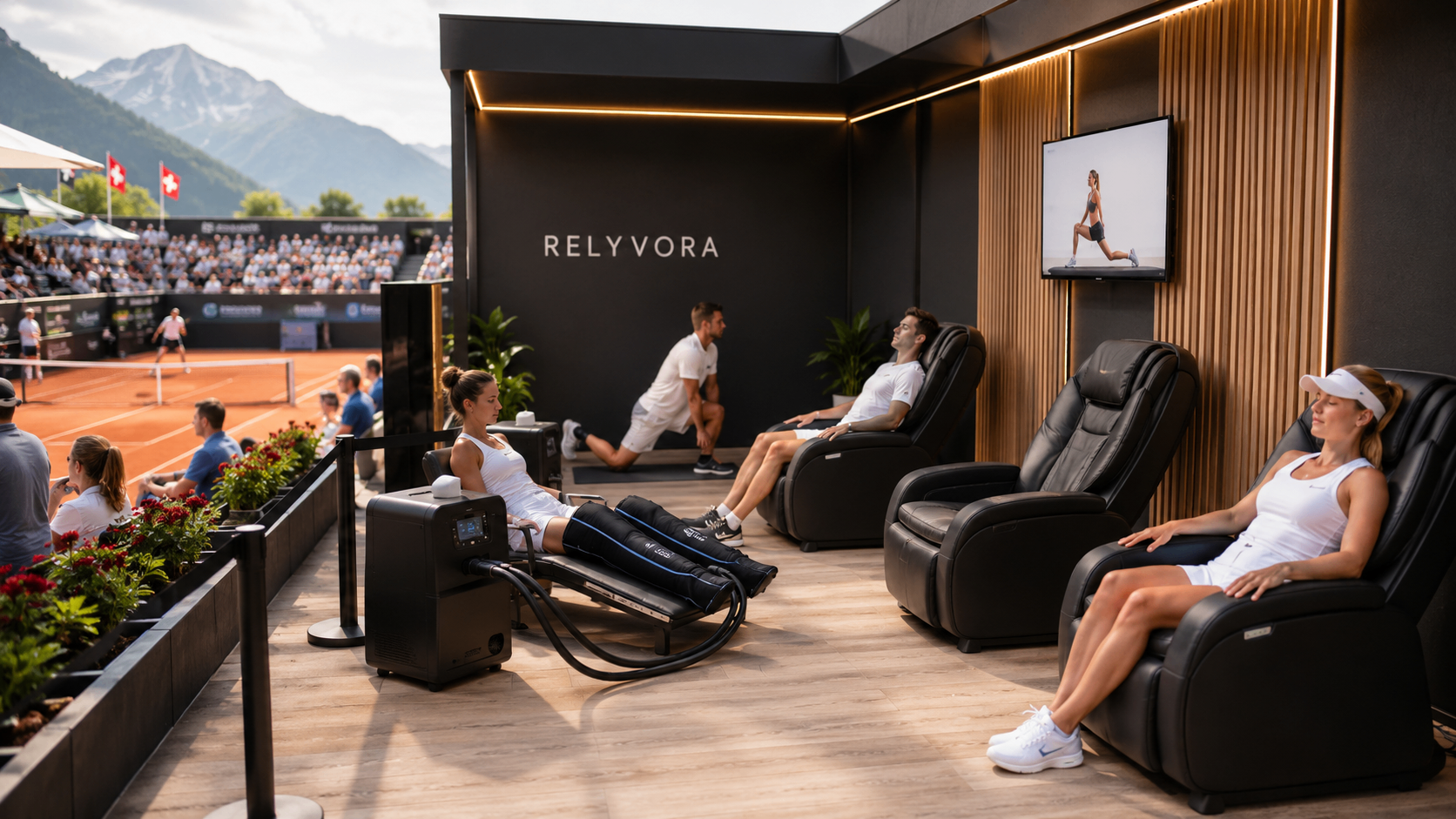 Recovery Zone RELYVORA installée sur une terrasse lors d’un tournoi de tennis