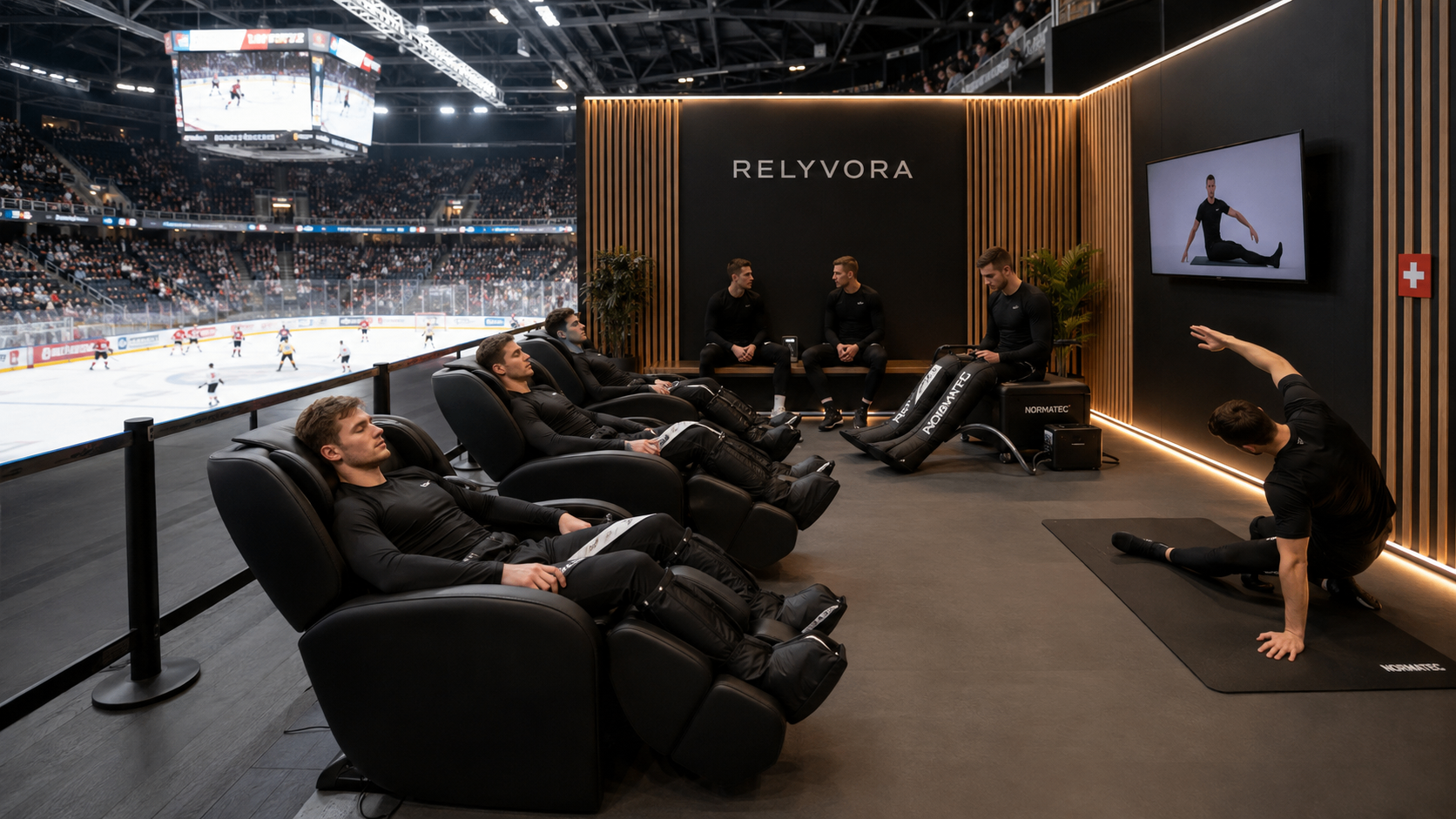 Recovery Zone RELYVORA installée dans une patinoire lors d’un match de hockey