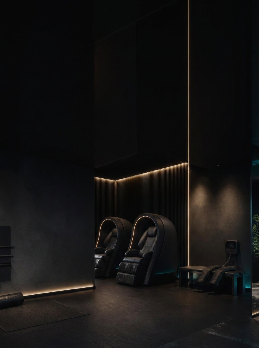 Espace de récupération avec fauteuils, station de compression des jambes et coin étirements